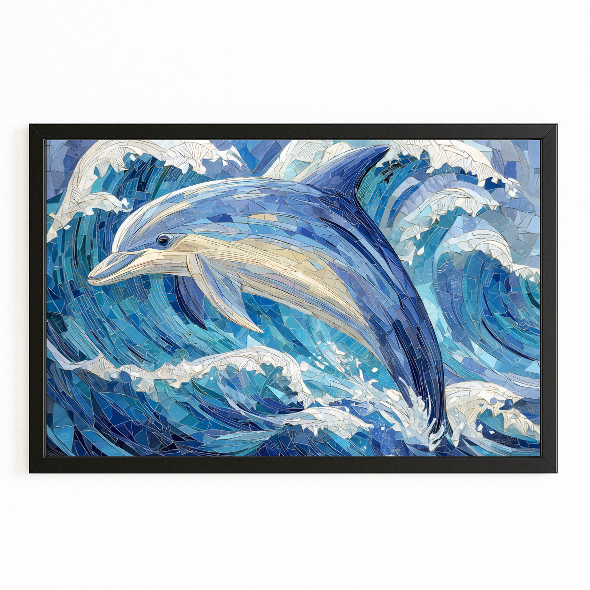 Mosaic Wave Dolphin Wall Decor – with Premium Black wood frame on white background