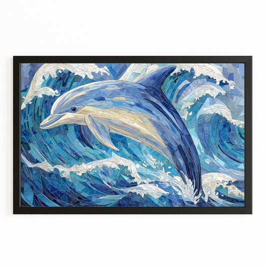 Mosaic Wave Dolphin Wall Decor – with Premium Black wood frame on white background