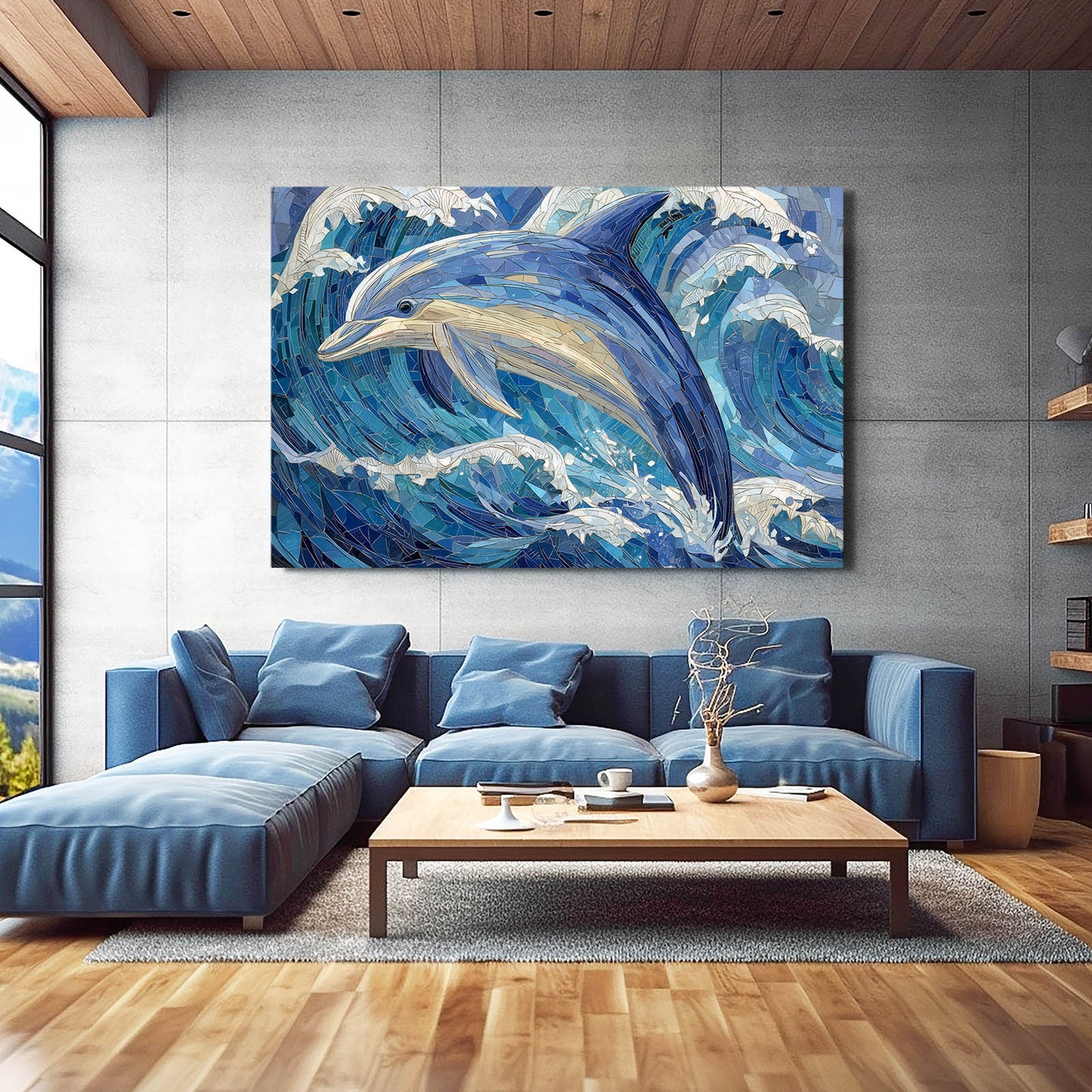 Mosaic Wave Dolphin Wall Decor – styled in a furnished interior