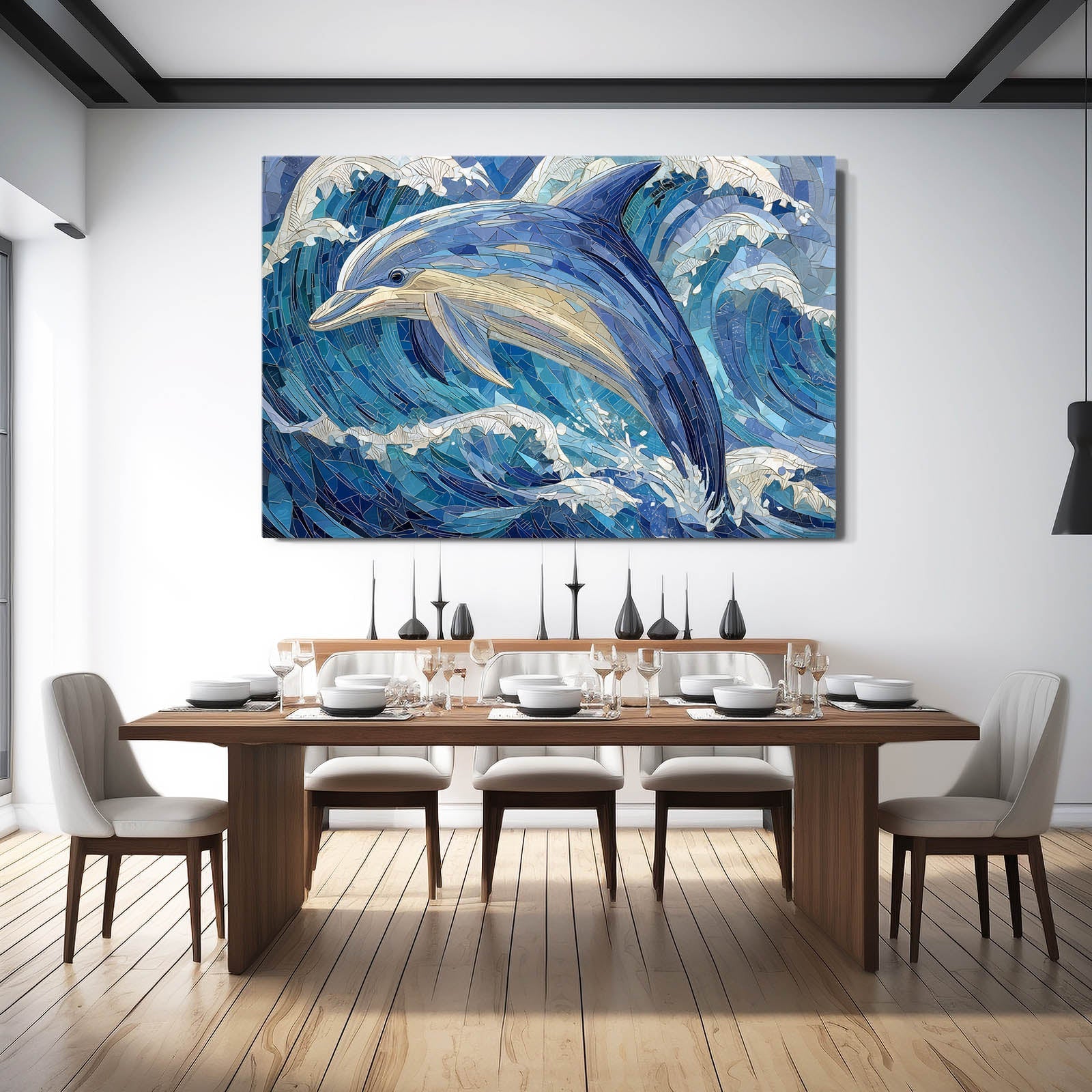 Mosaic Wave Dolphin Wall Decor – styled in a furnished interior