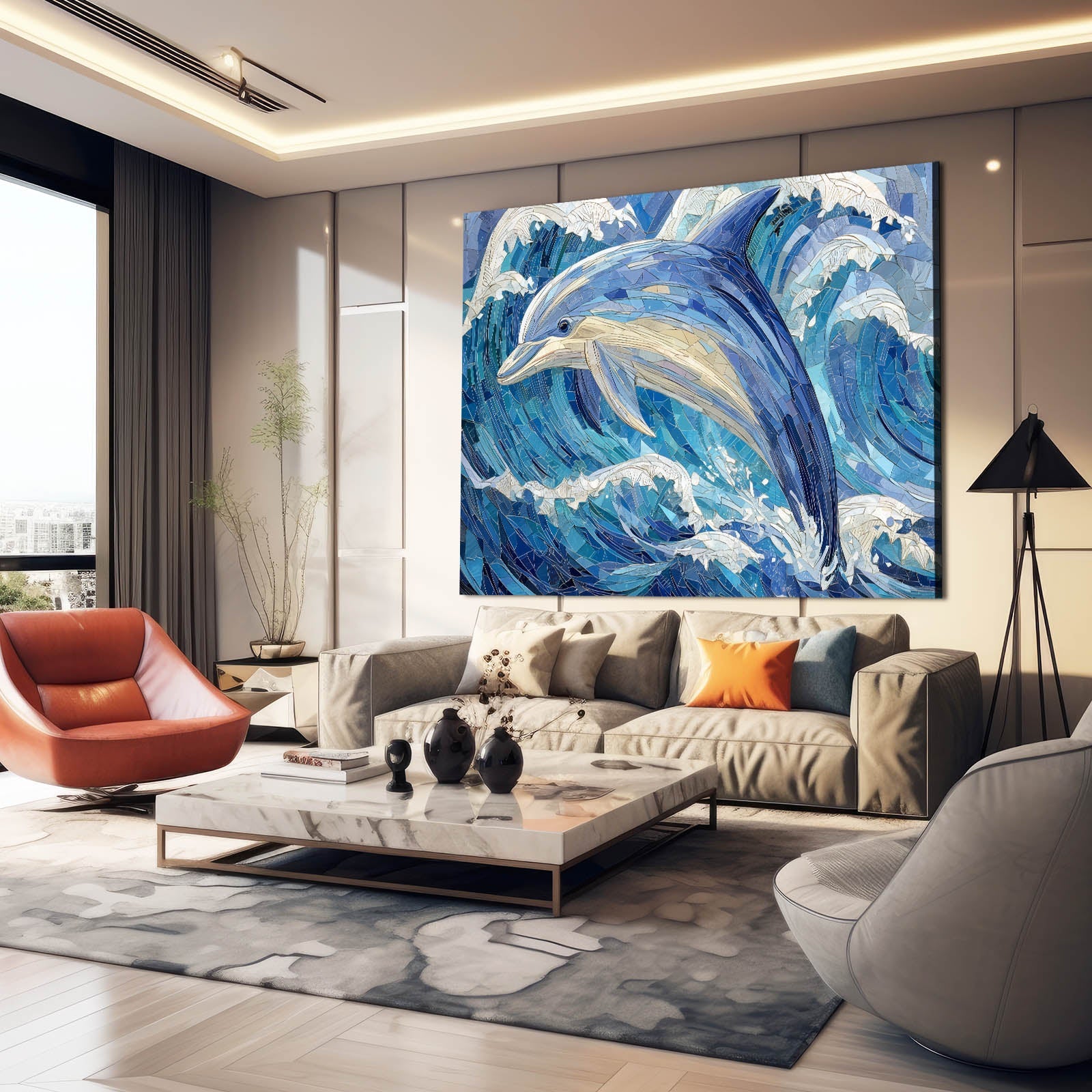 Mosaic Wave Dolphin Wall Decor – styled in a furnished interior