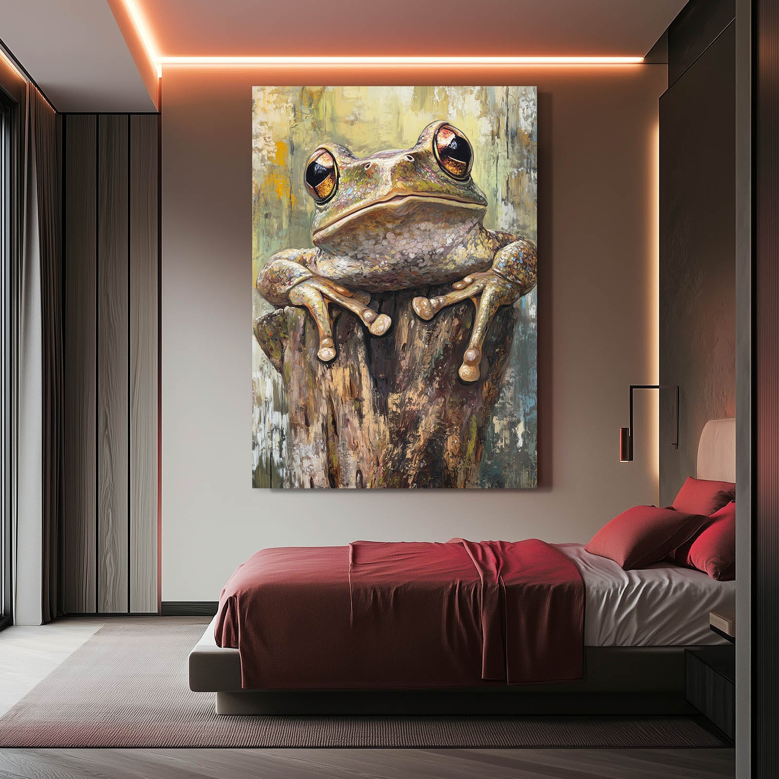 Mossy Stump Frog Art – styled in a furnished interior