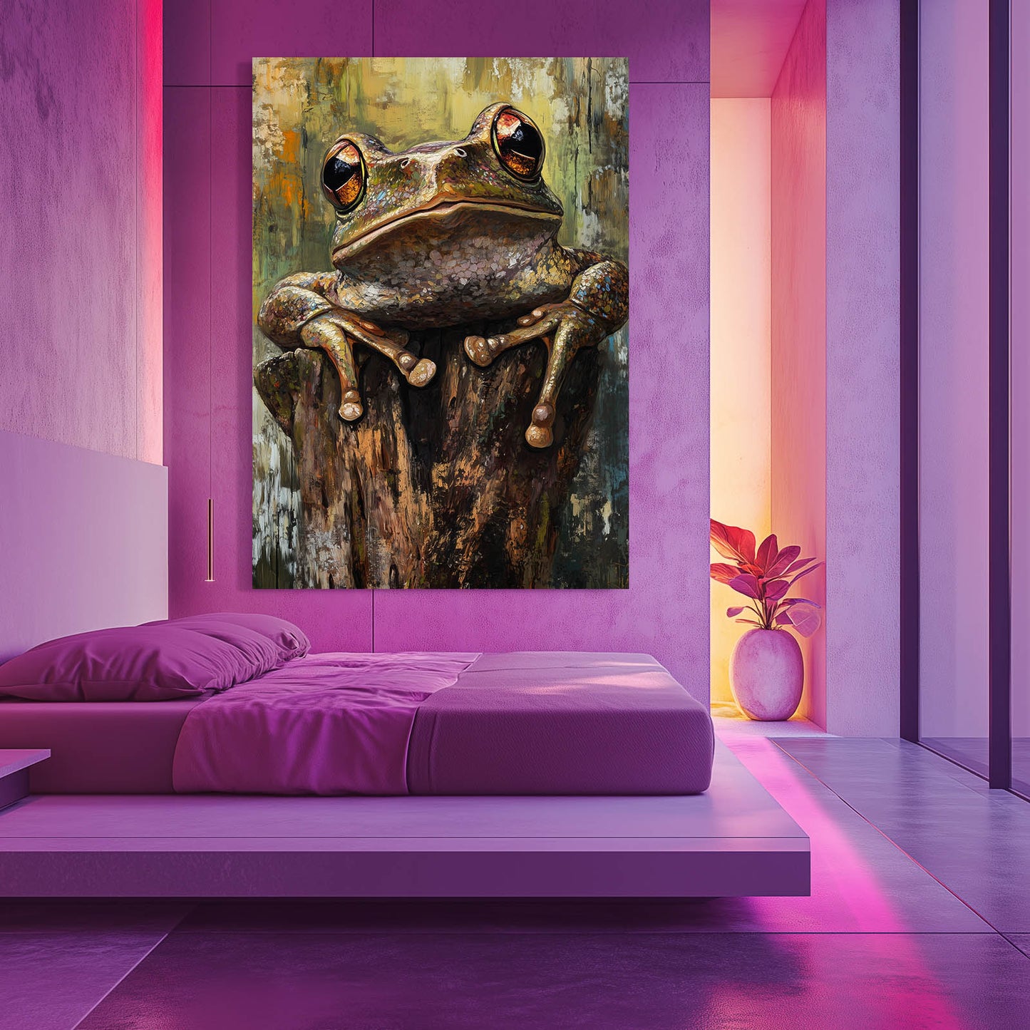Mossy Stump Frog Art – styled in a furnished interior