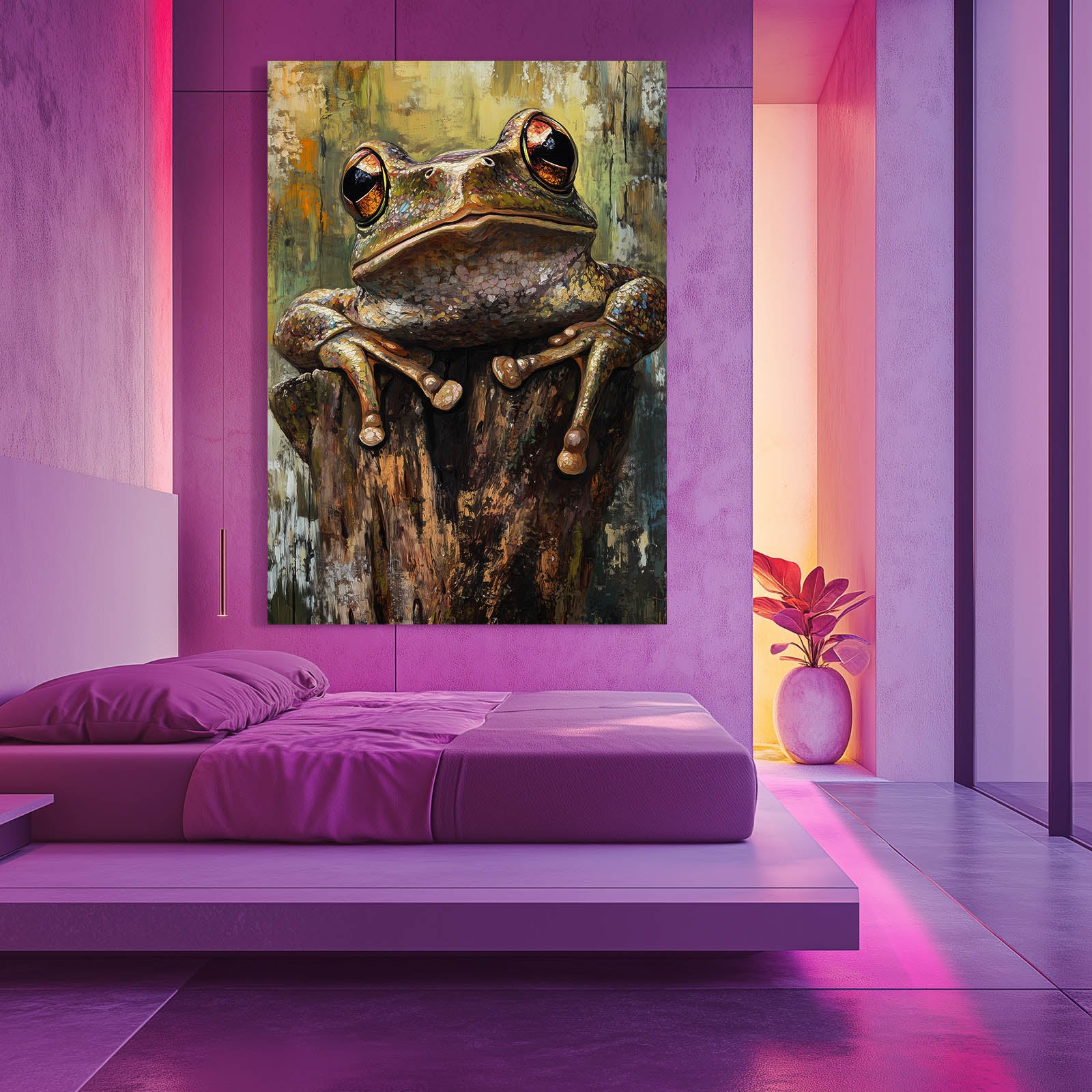 Mossy Stump Frog Art – styled in a furnished interior