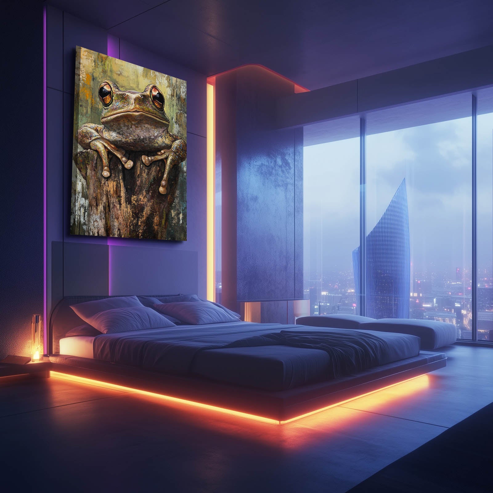 Mossy Stump Frog Art – styled in a furnished interior