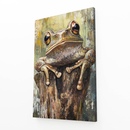 Mossy Stump Frog Art – angled canvas view on white background