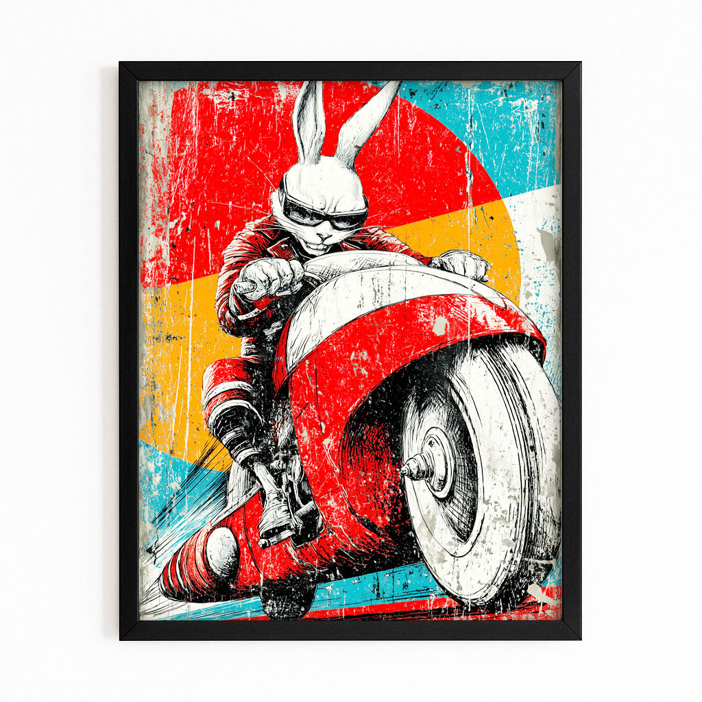 Moto Bunny Canvas – with Premium Black frame on white background