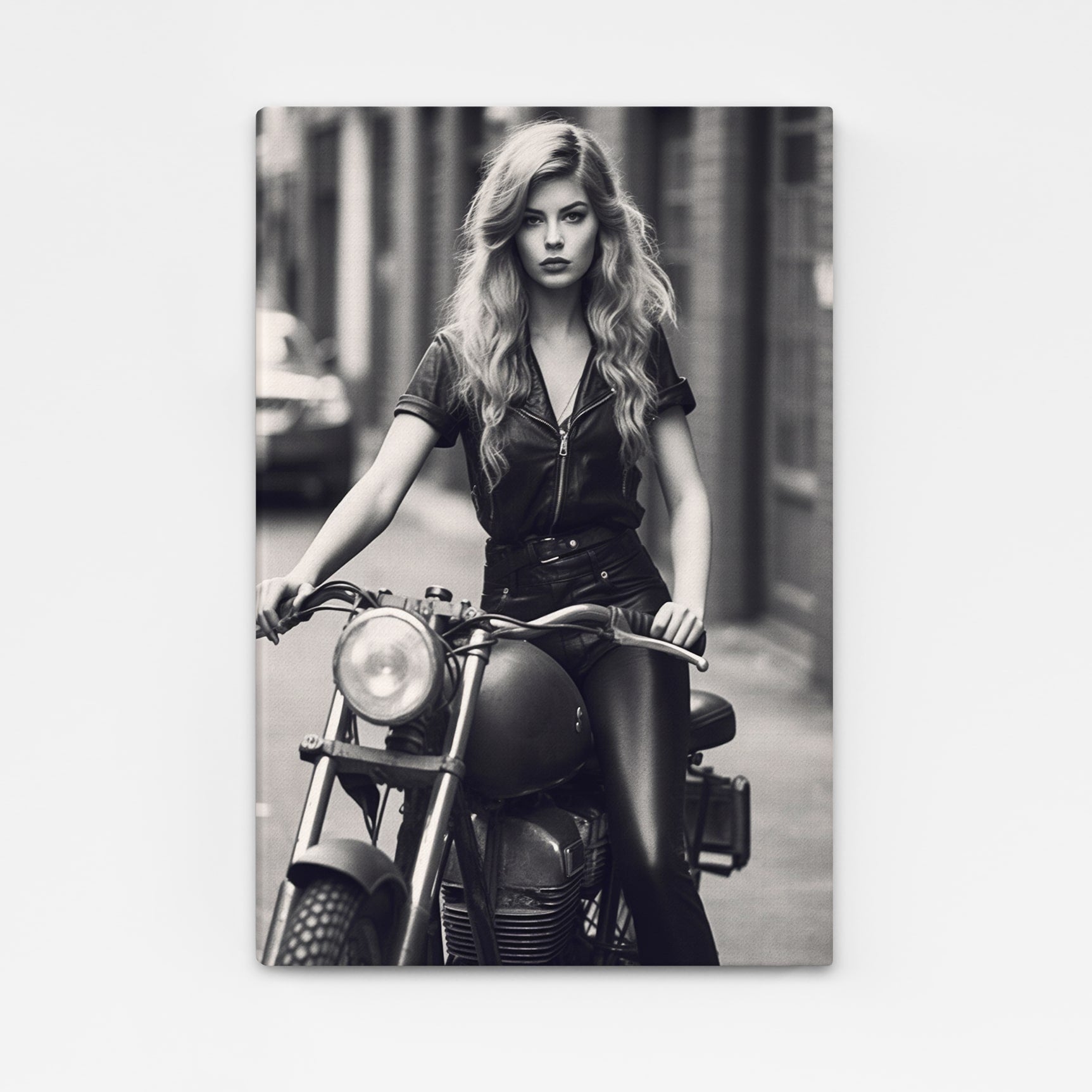 Motorcycle Girl Photography Art – young woman seated on a classic motorcycle, warm tones