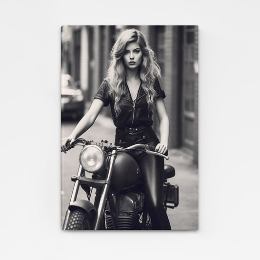 Motorcycle Girl Photography Art – young woman seated on a classic motorcycle, warm tones