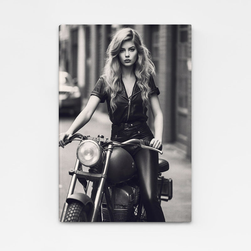 Motorcycle Girl Photography Art – young woman seated on a classic motorcycle, warm tones