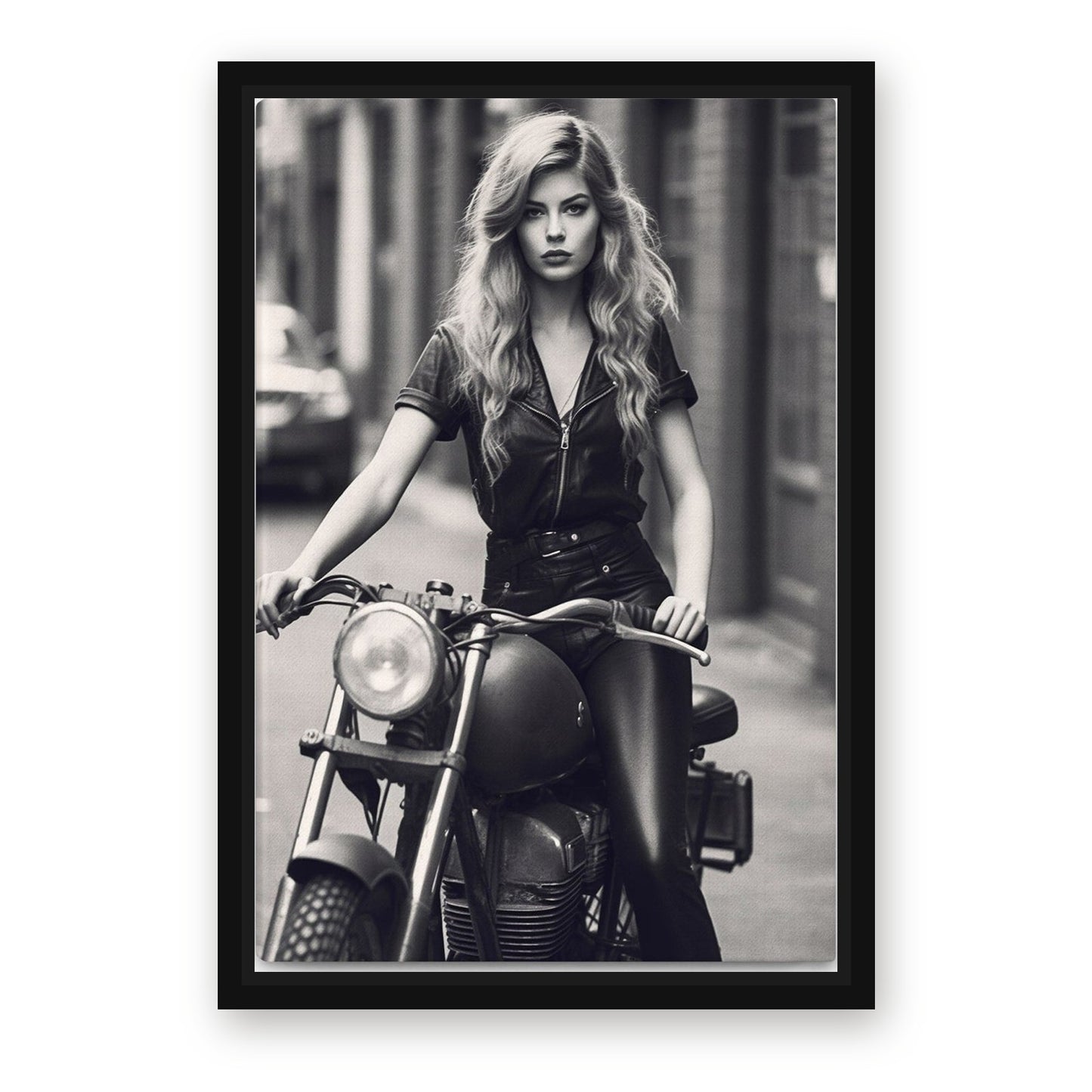 Motorcycle Girl Photography Art – with Premium Black wood frame
