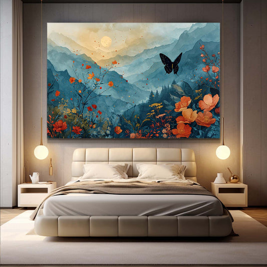 Mountain Bloom Butterfly Wall Art — nature canvas print in blue tones, view 3