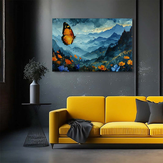 Mountain Butterfly Wall Art — nature canvas print in blue tones, view 3
