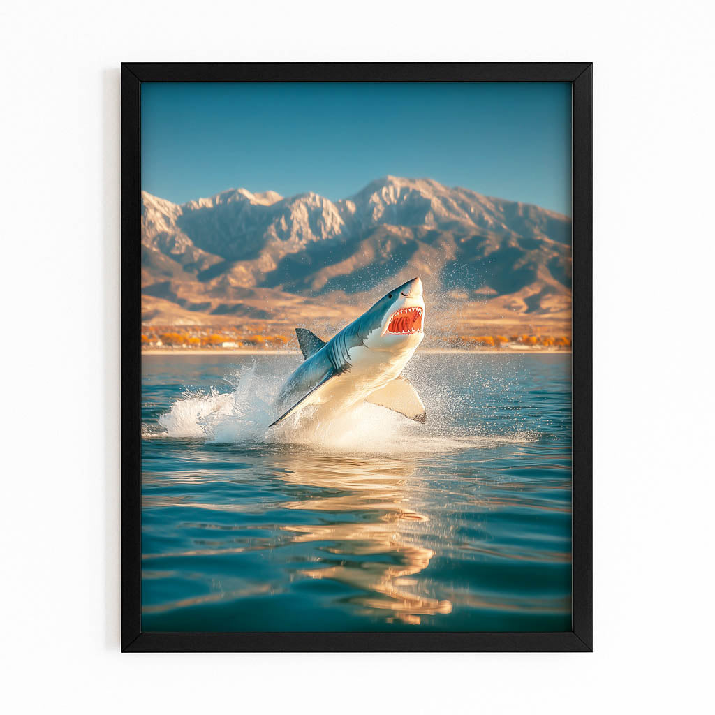 Mountain Lake Breach Shark Prints – with Premium Black frame on white background