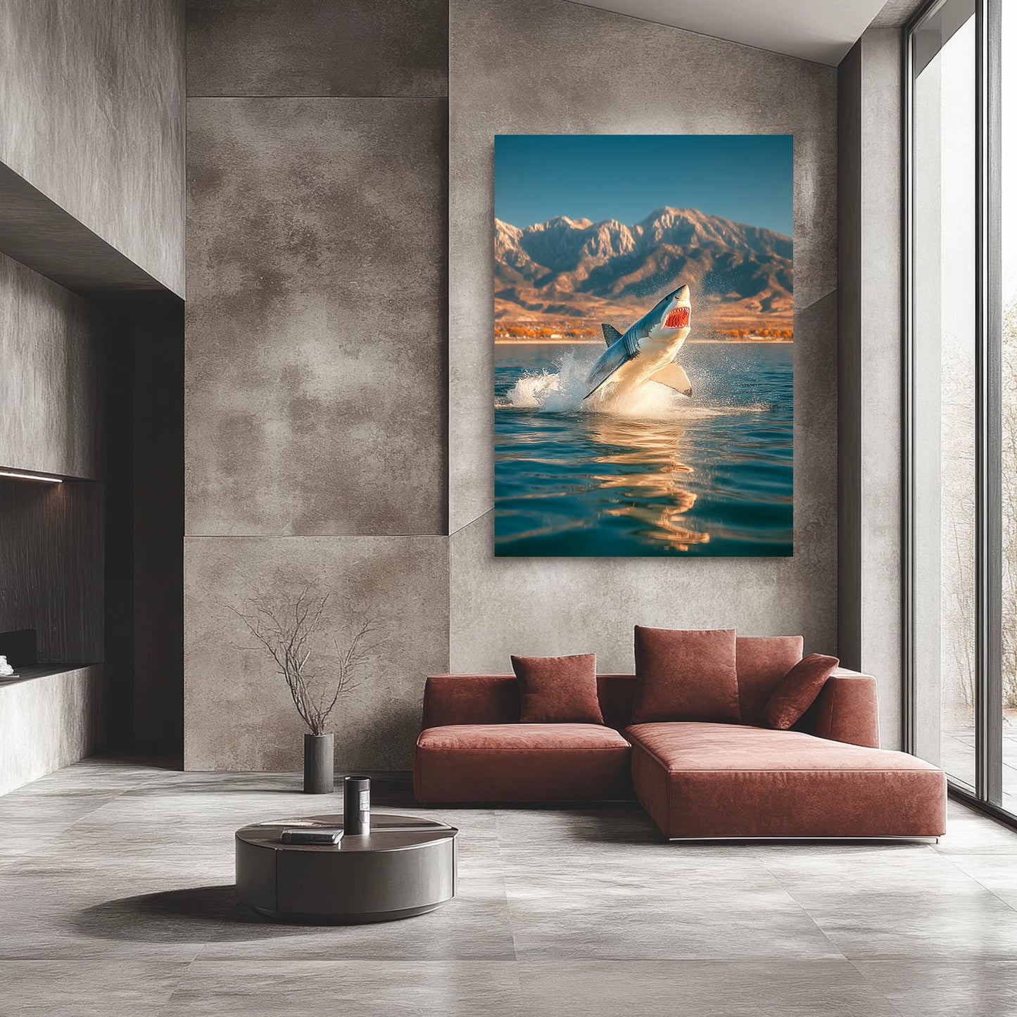 Mountain Lake Breach Shark Prints – styled in a furnished interior