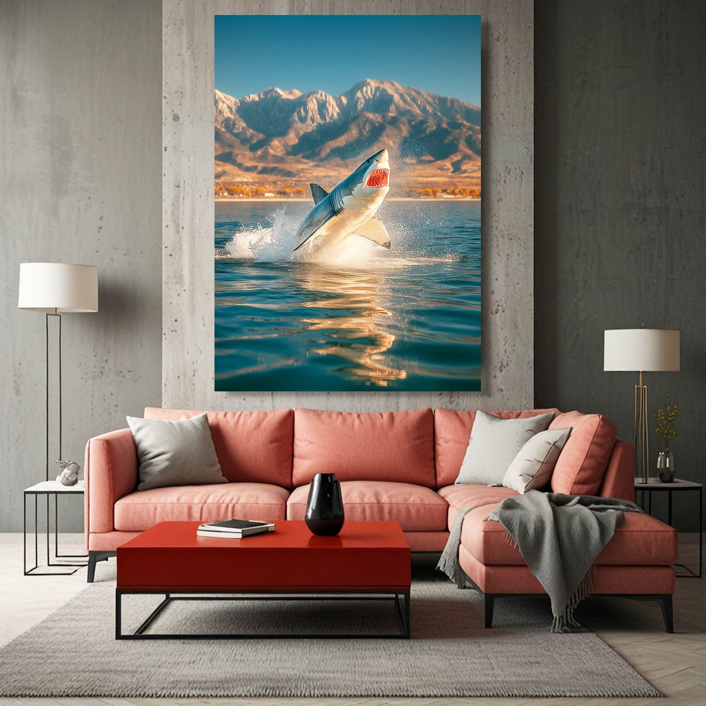 Mountain Lake Breach Shark Prints – styled in a furnished interior