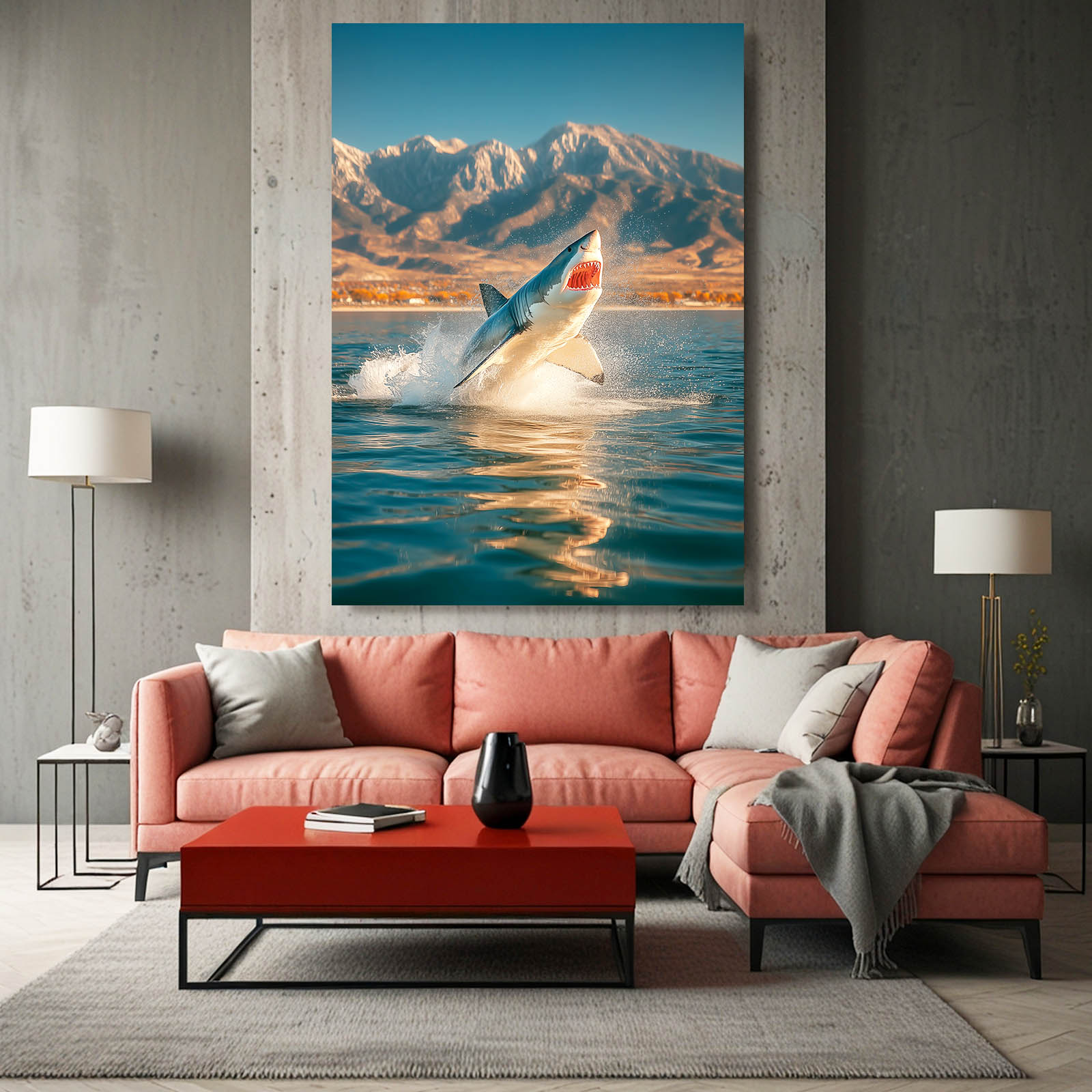 Mountain Lake Breach Shark Prints – styled in a furnished interior