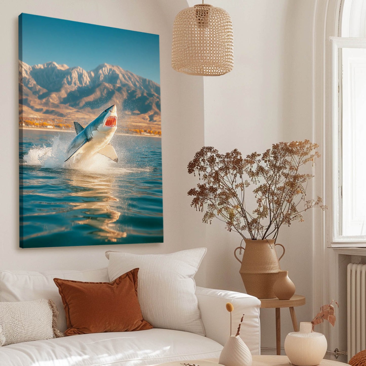 Mountain Lake Breach Shark Prints – styled in a furnished interior
