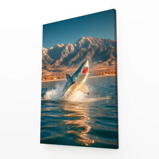 Mountain Lake Breach Shark Prints – angled canvas view on white background