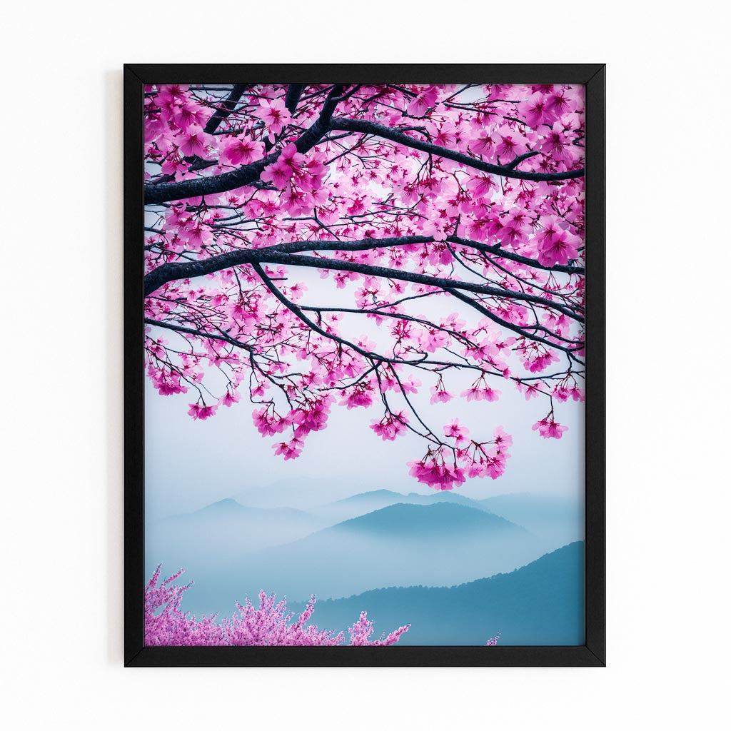 Mountain Mist Branch Cherry Blossom Canvas Art – with Premium Black frame on white background