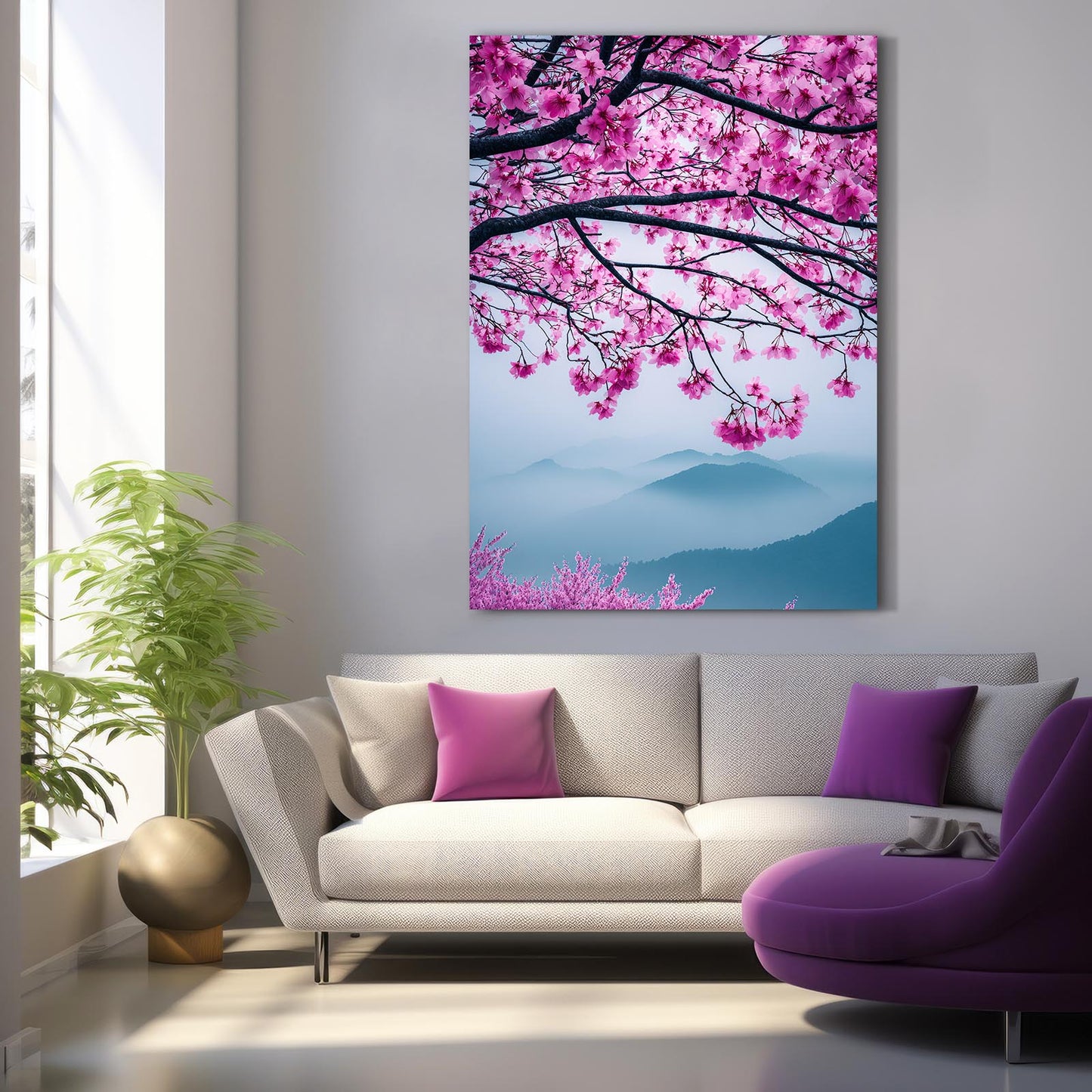 Mountain Mist Branch Cherry Blossom Canvas Art – styled in a furnished interior