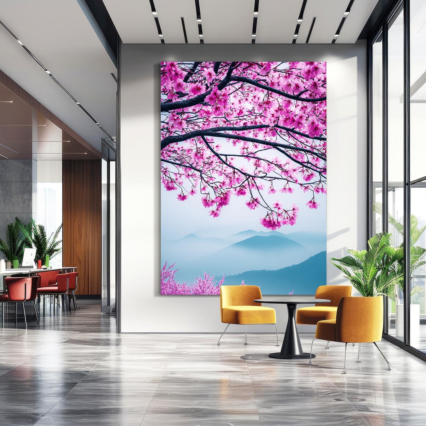 Mountain Mist Branch Cherry Blossom Canvas Art – styled in a furnished interior