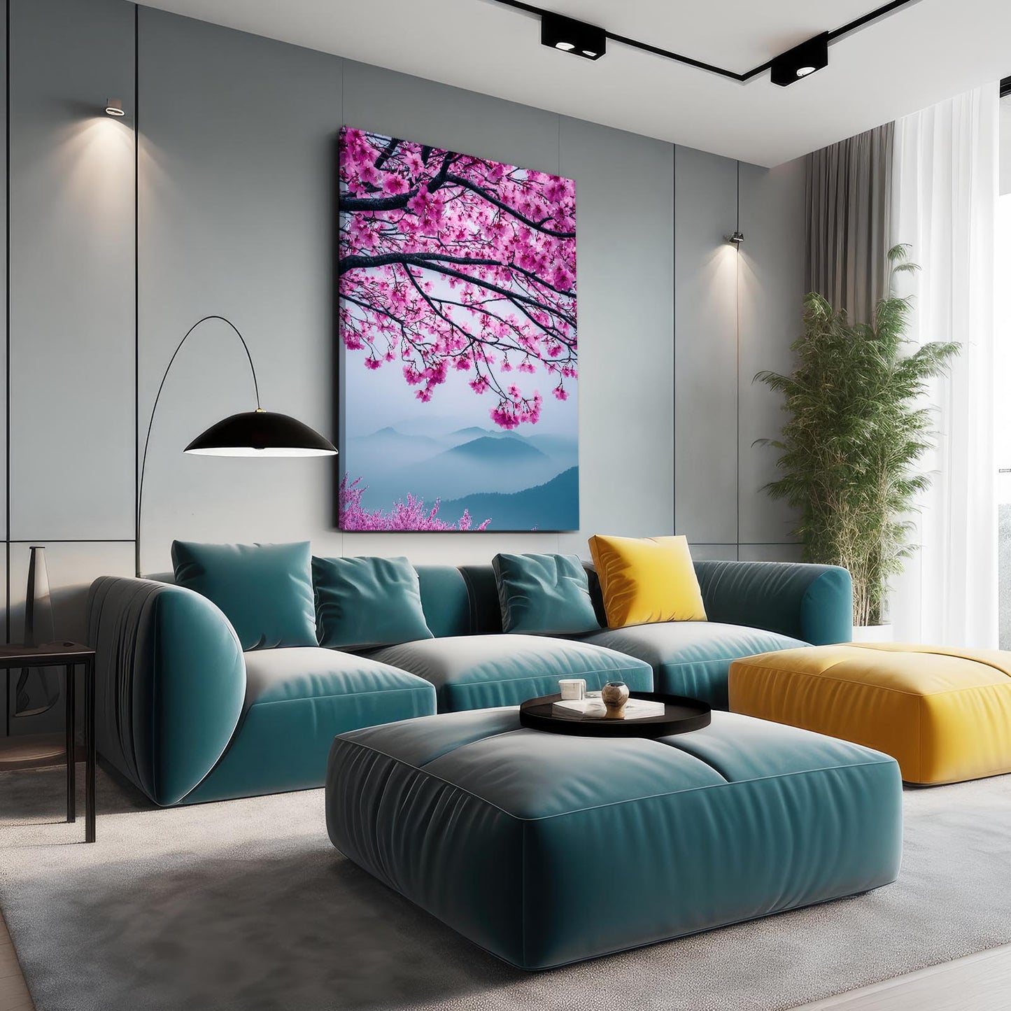 Mountain Mist Branch Cherry Blossom Canvas Art – styled in a furnished interior