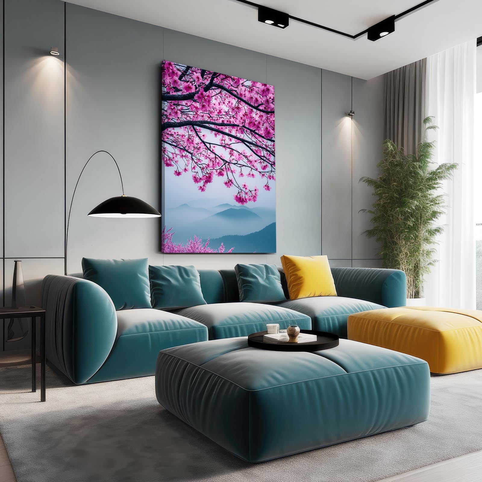 Mountain Mist Branch Cherry Blossom Canvas Art – styled in a furnished interior