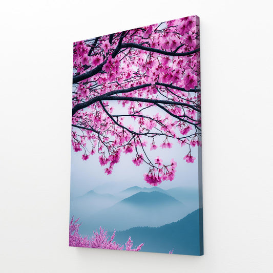 Mountain Mist Branch Cherry Blossom Canvas Art – angled canvas view on white background