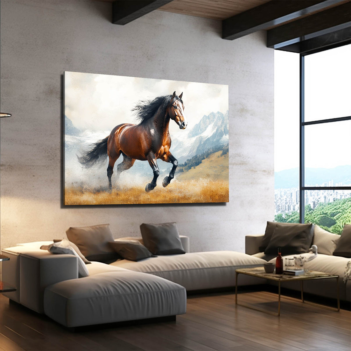 Mountain Trot Vista Horse Prints — contemporary canvas print, styled in a furnished interior