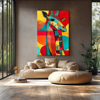 Colorful abstract deer painting on a wall above a beige sofa in a modern living room.