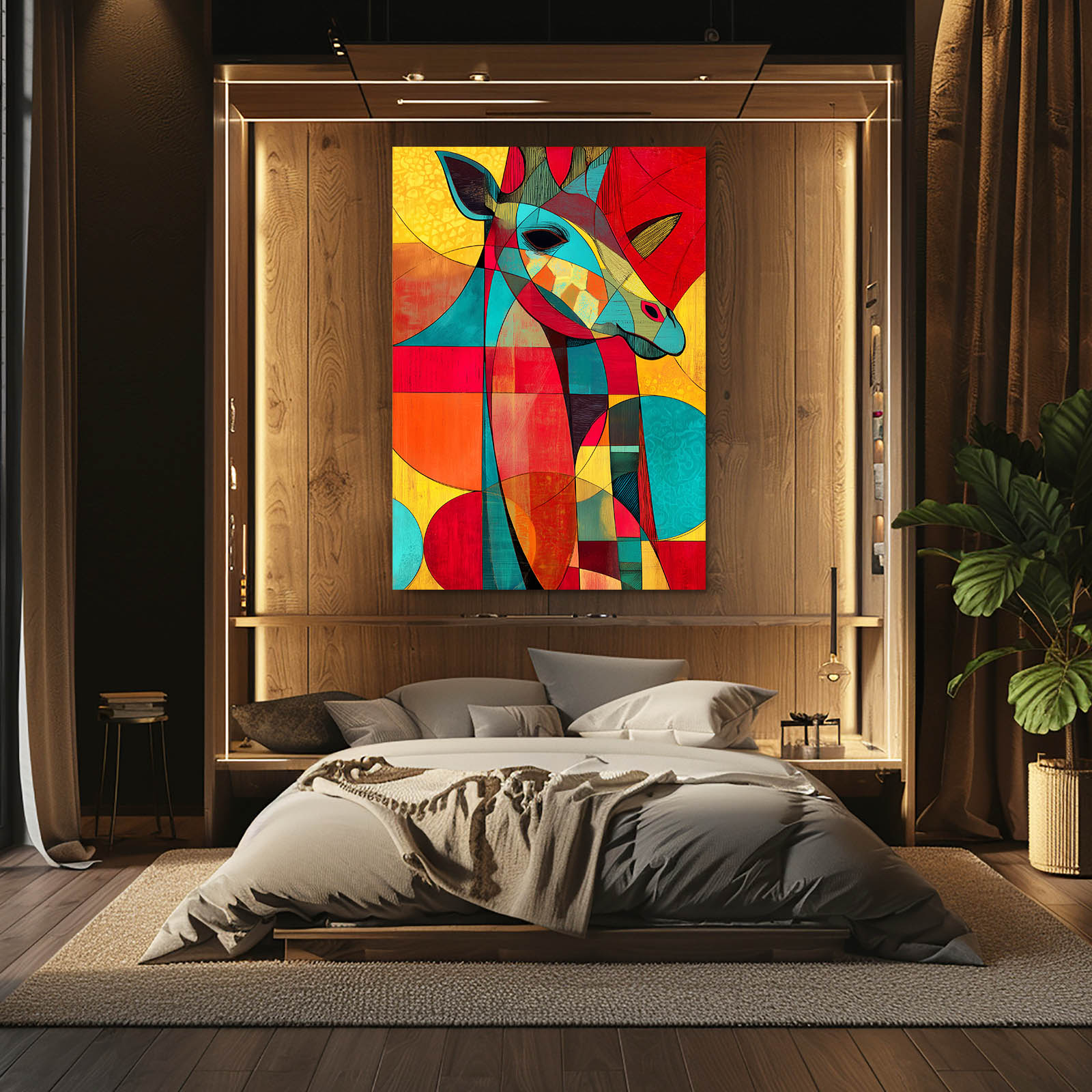 Colorful abstract painting on a wooden wall above a bed in a bedroom.