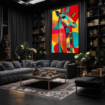 Modern living room with a colorful abstract painting of a deer on the wall.