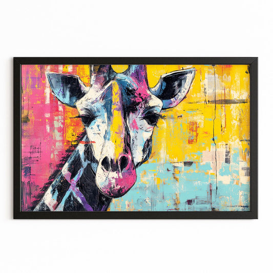 Colorful abstract painting of a giraffe's face on a white background