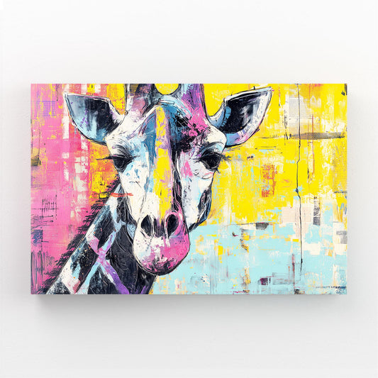 Colorful abstract painting of a giraffe on a white background