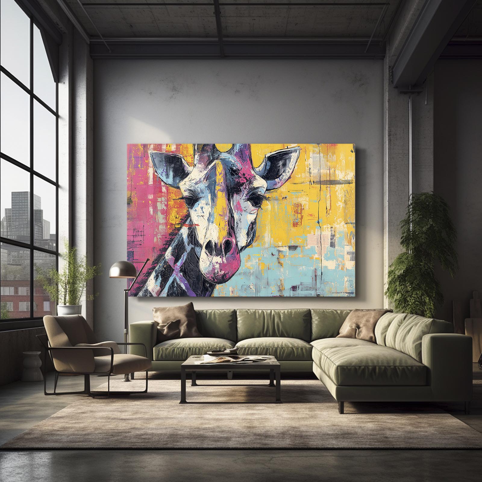 Modern living room with a colorful abstract painting of a giraffe on the wall.