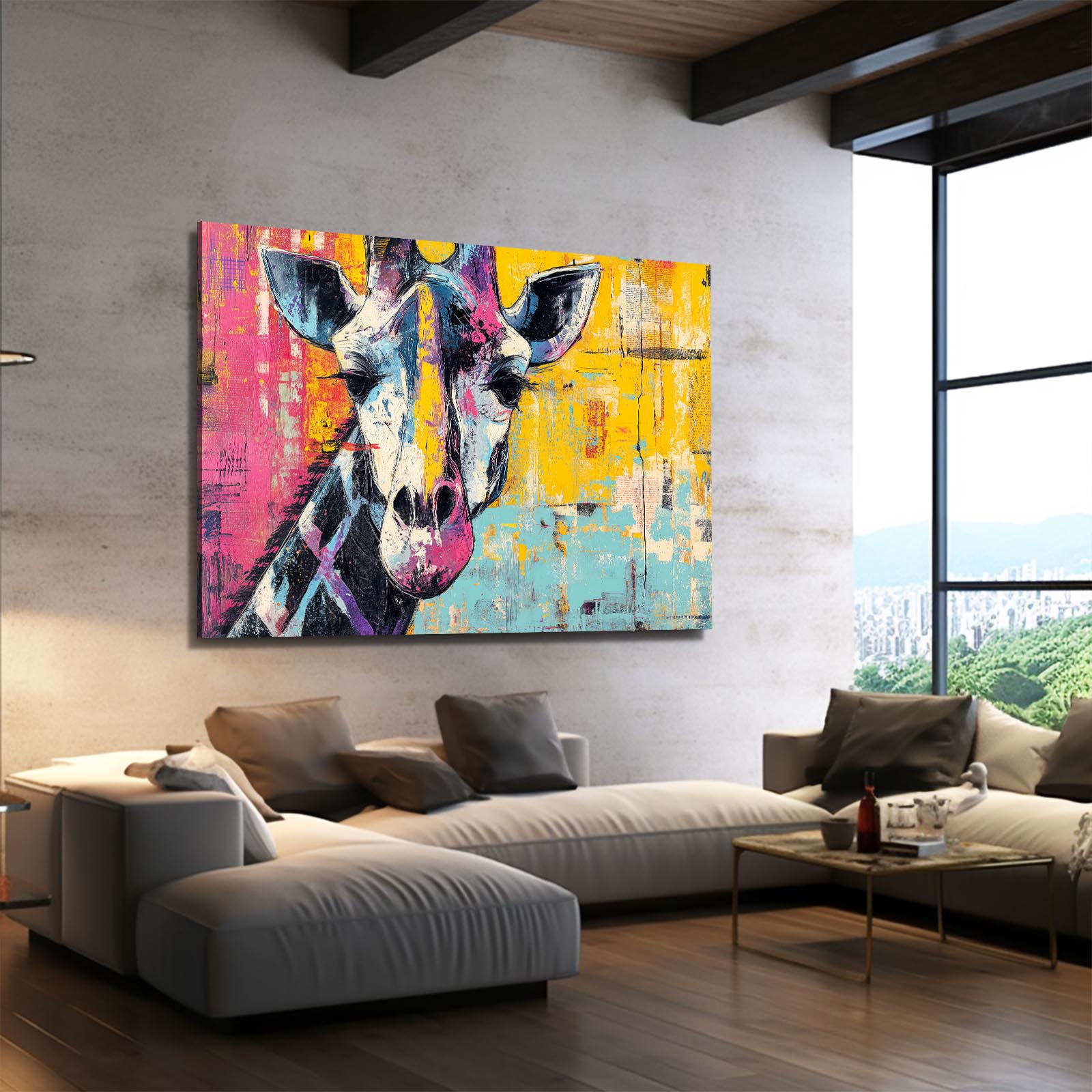 Colorful abstract painting of a giraffe on a wall in a modern living room.