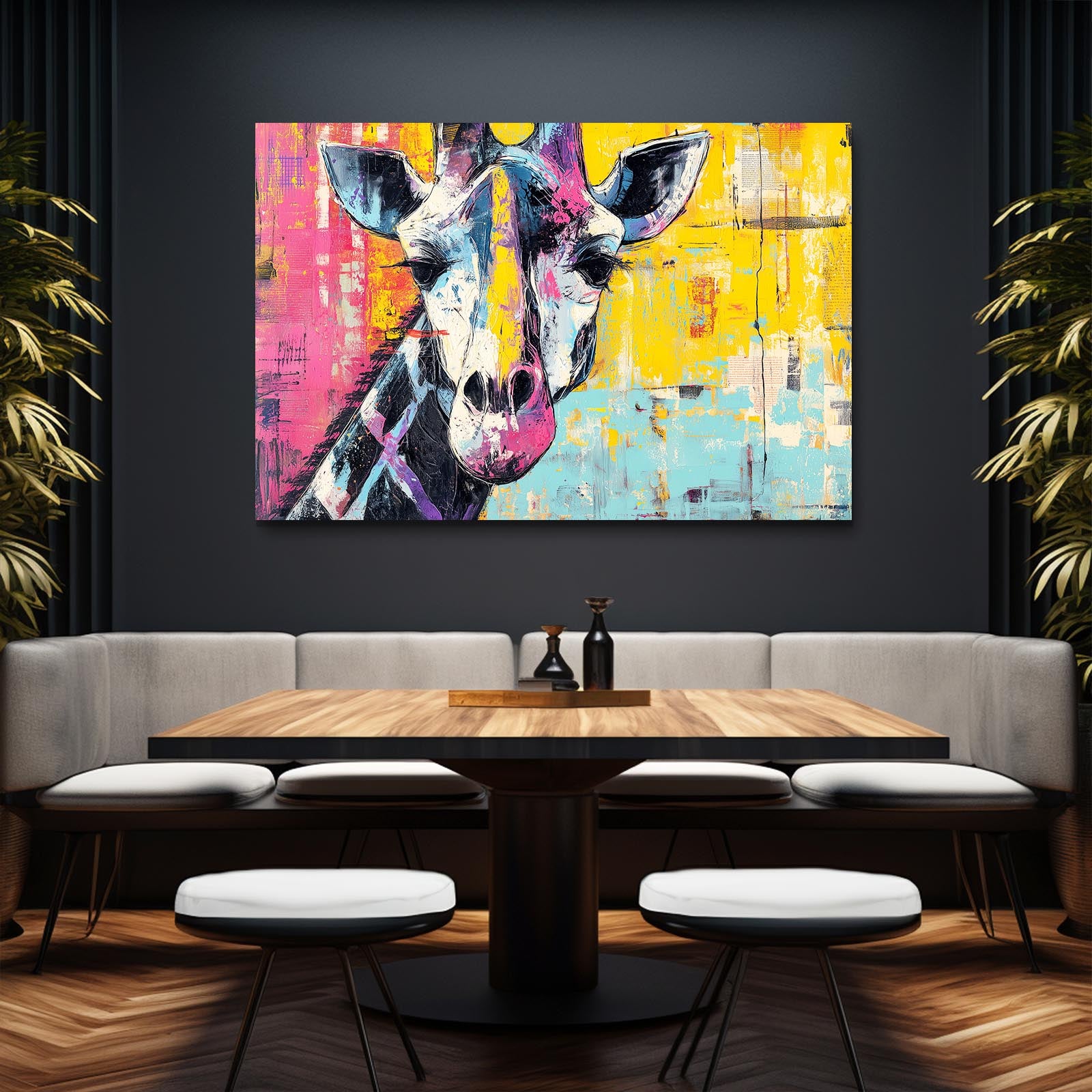 Colorful abstract painting of a giraffe on a dark wall above a dining table with stools.