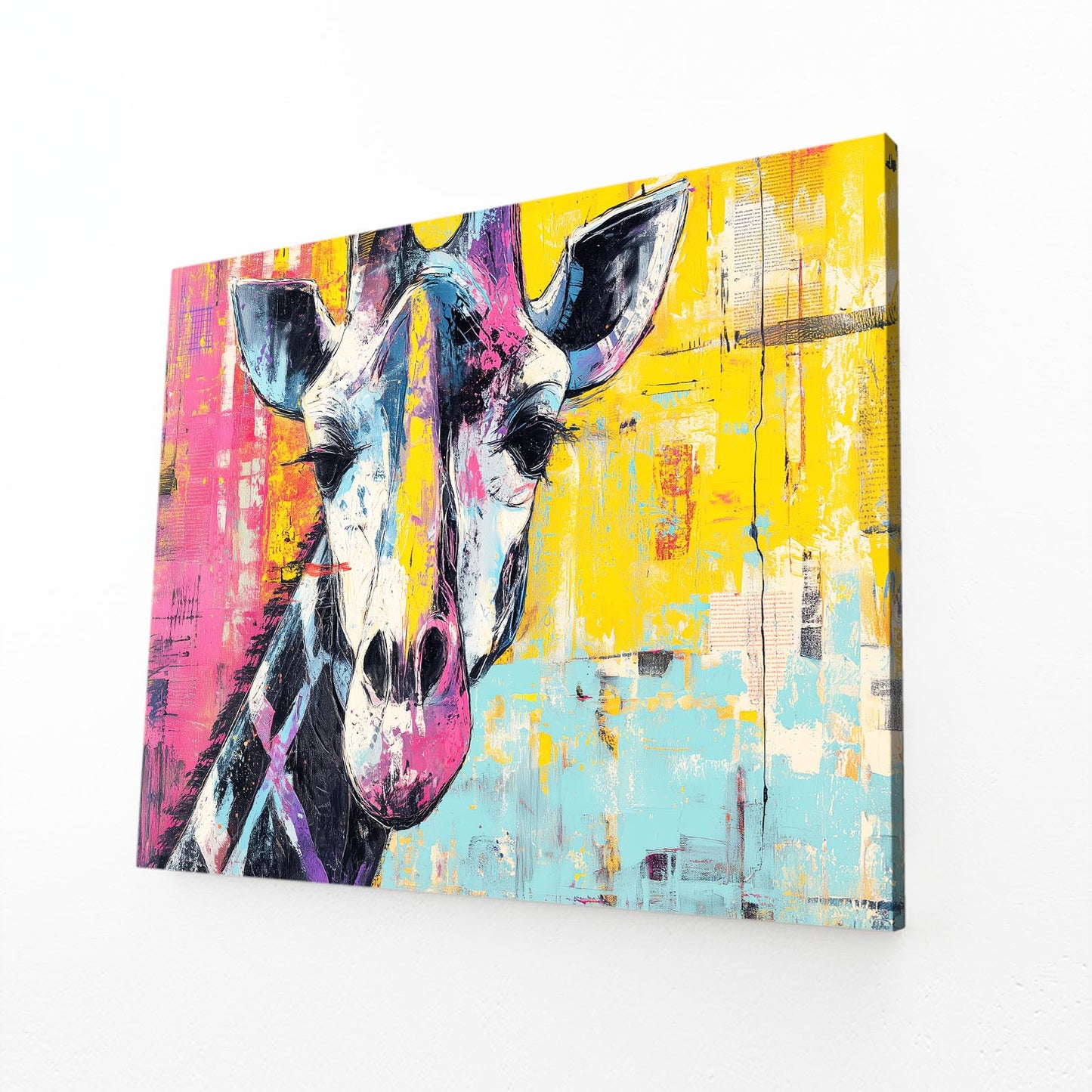 Colorful abstract painting of a giraffe on a white background