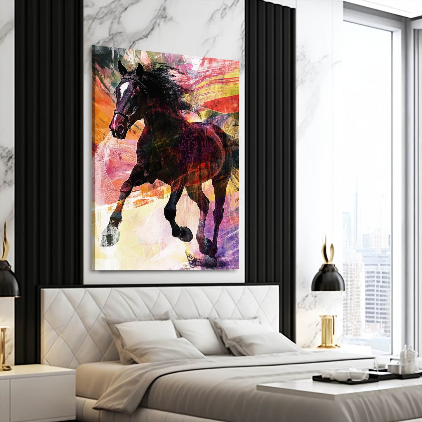 Multicolored Horse Wall Art – angled canvas view on white background