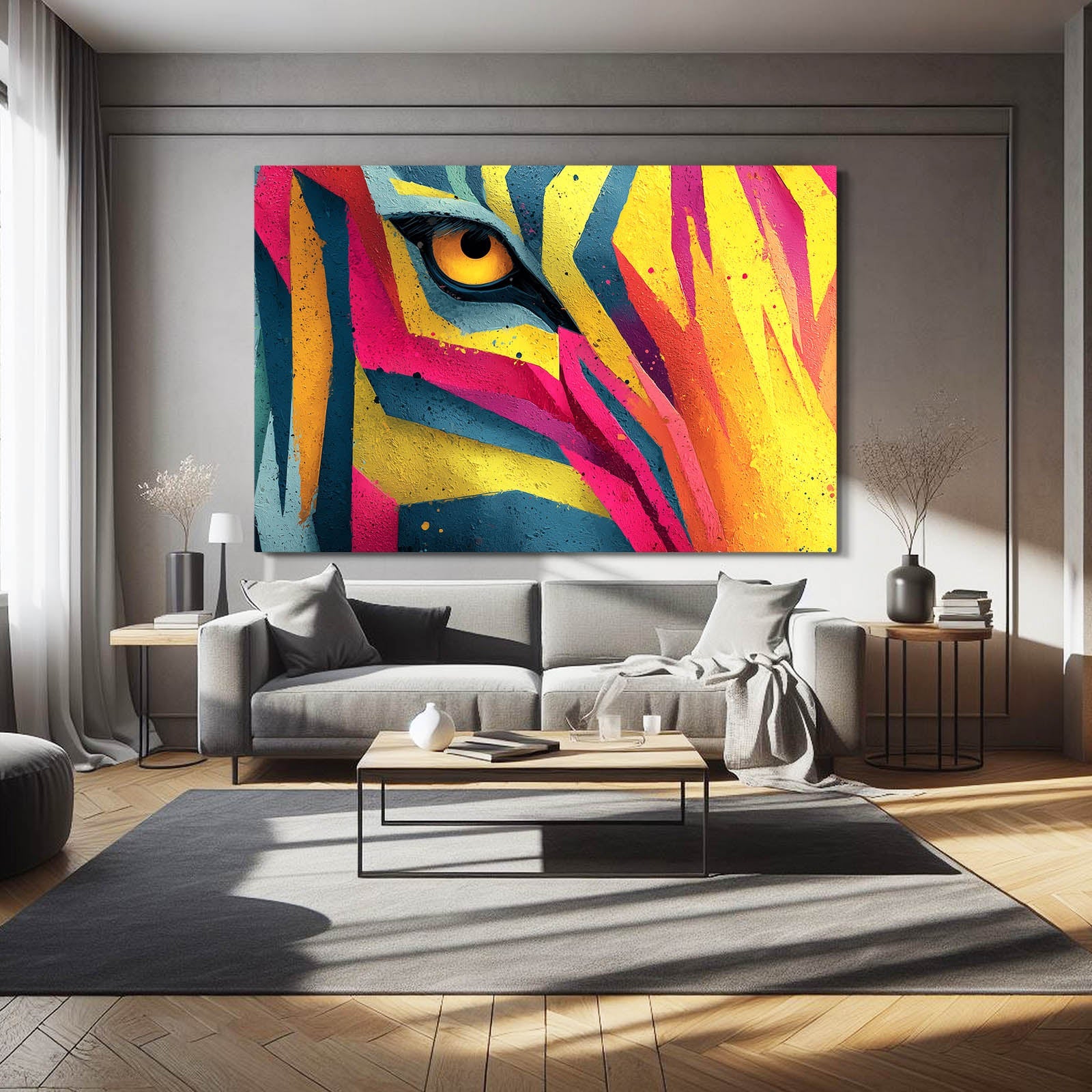 Multicolored Zebra Canvas Art – styled in a furnished interior