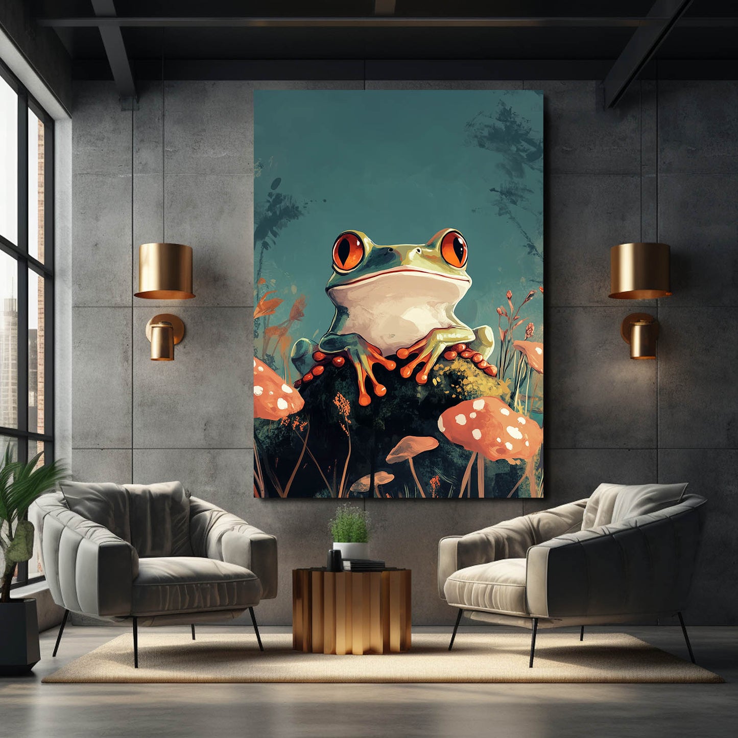 Mushroom Perch Whimsy Frog Wall Art – styled in a furnished interior