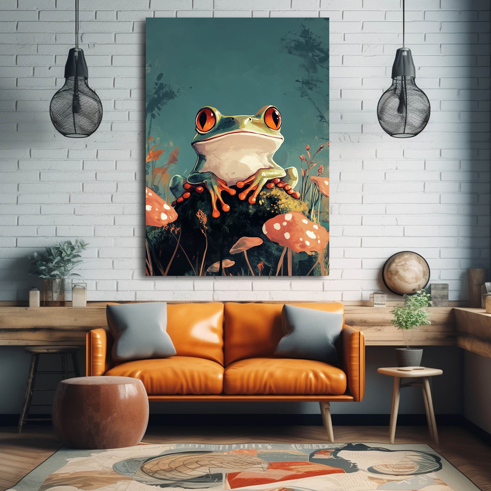 Mushroom Perch Whimsy Frog Wall Art – styled in a furnished interior