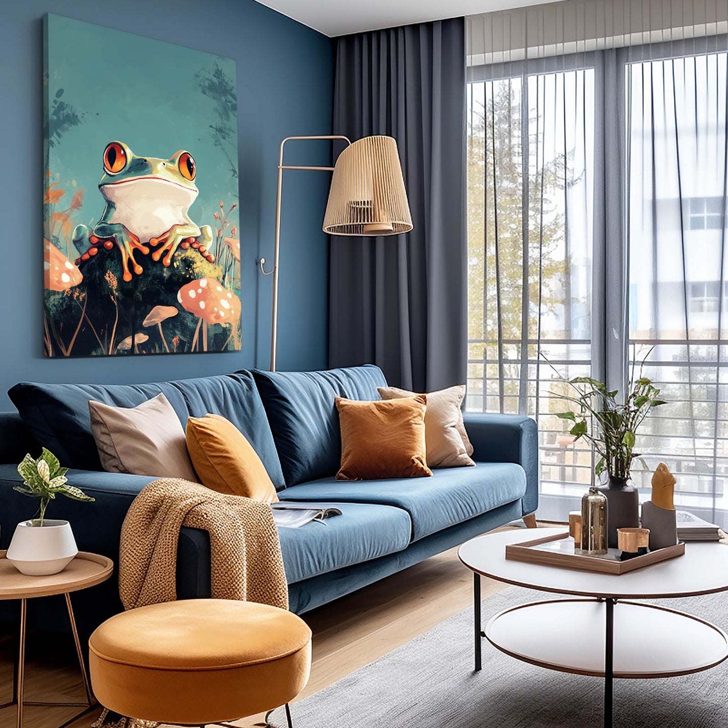 Mushroom Perch Whimsy Frog Wall Art – styled in a furnished interior