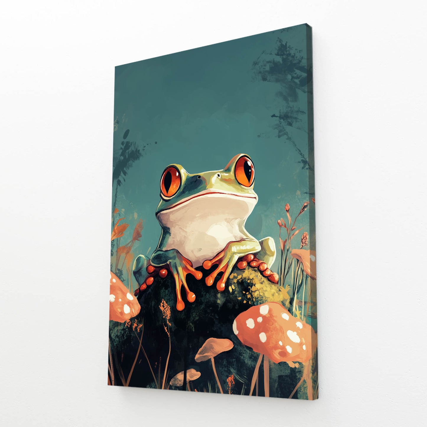 Mushroom Perch Whimsy Frog Wall Art – angled canvas view on white background
