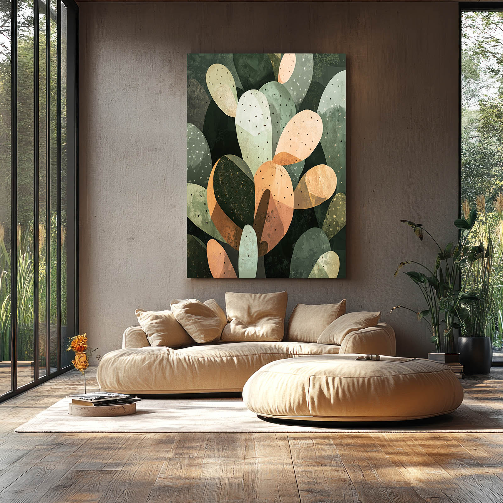 Muted Paddle Shapes Cactus Canvas Art – styled in a furnished interior