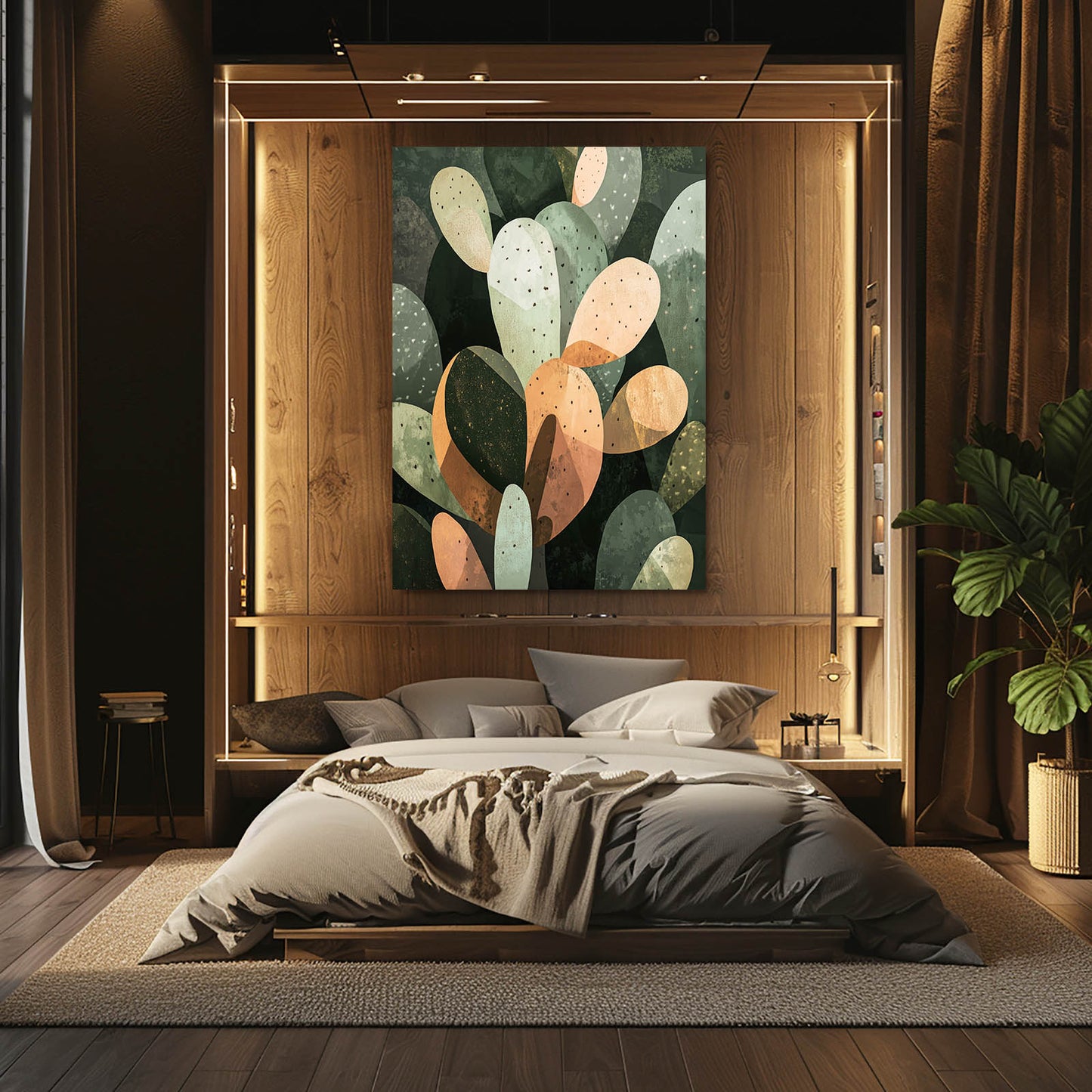 Muted Paddle Shapes Cactus Canvas Art – styled in a furnished interior