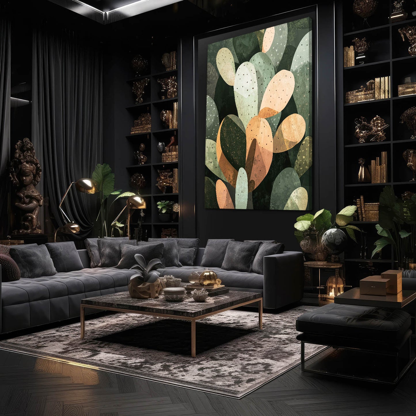 Muted Paddle Shapes Cactus Canvas Art – styled in a furnished interior