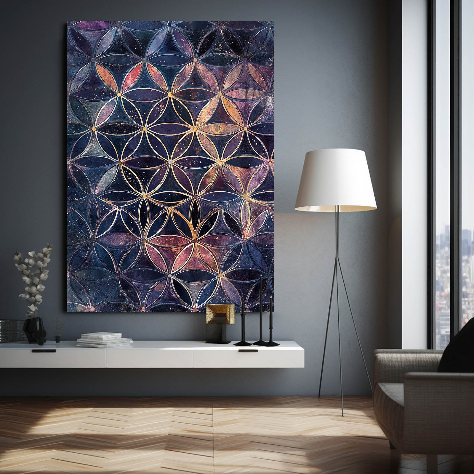 Muted Violet Lattice Flower Of Life Art – styled in a furnished interior