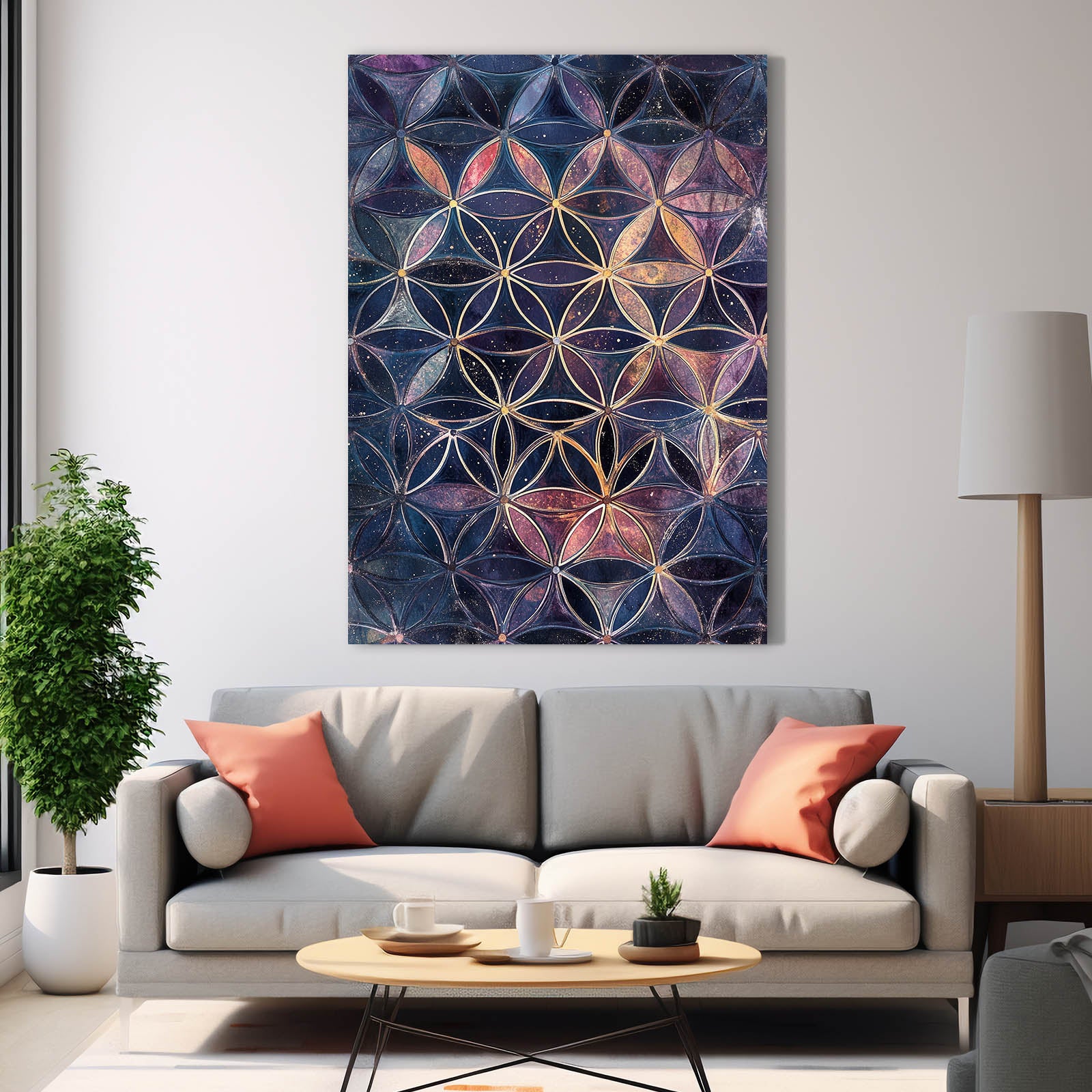 Muted Violet Lattice Flower Of Life Art – styled in a furnished interior
